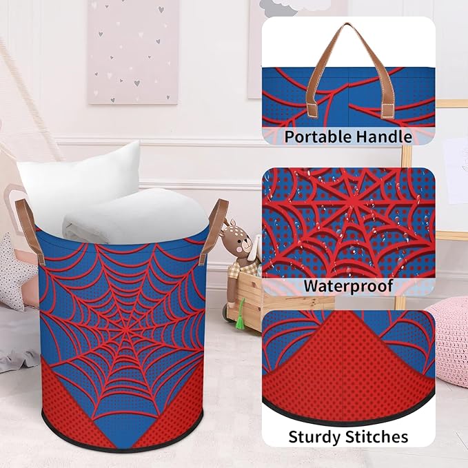 Large Laundry Hamper Basket Blue Spider Web Round Collapsible Storage Organizer Bin for Kids Room, Boys, Nursery, Closet, Bedroom, Playroom, Toys, Dirty Clothes, 16"W x 20"H