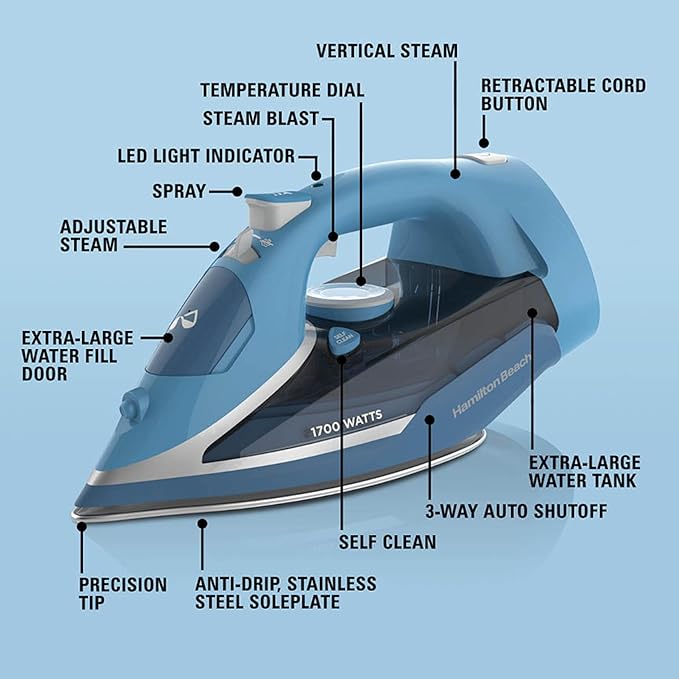 Hamilton Beach Steam Iron for Clothes & Garment Steamer with Durable Stainless Steel Soleplate, 1700 Watts for Ultra-Fast Heat, 8’ Retractable Cord, Auto Shutoff, 350 ml Water Tank, Blue (14216)