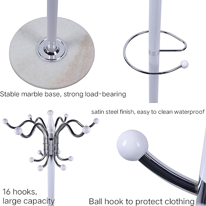 69" Entryway standing Coat Rack Stand Coat Hanger White Satin Steel Finish Stable Marble Base with 16 Hooks, High-Grade Metal Tree Hat Stand Floor Standing Wall Bedroom Hall Organizer Storage