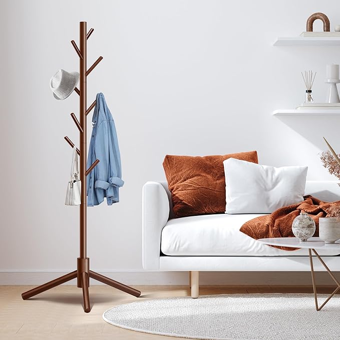 Durable Wooden Coat Rack, Freestanding Coat Rack with Stable Triangular Base, 8 Hooks & 3 Adjustable Heights, Simple Assembly for Bedroom, Hallway, Office(New Brown)