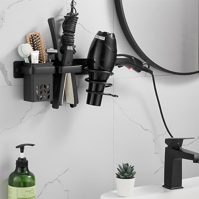 Hair Dryer Holder Wall Mounted, Blow Dryer Rack Holder, Bathroom Bedroom Hair Styling Beauty Care Tools Organizer Storage Basket for Flat Iron, Curling Wand, Hair Straightener (Black)