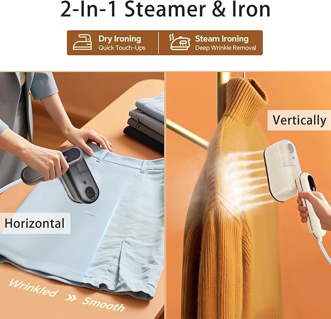 Travel Steamer Iron, 1200W Clothing Steamer with Digital Display Screen, 5+1 Intelligent Ironing Gear Multifunctional Hanging Iron Machine, 140ml, 30S Preheating, Suitable for Home, Trip&Dorm (Grey)