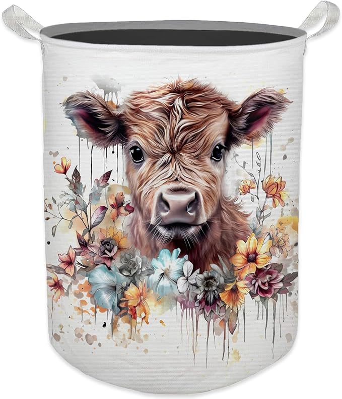 Cow Laundry Basket, Farmhouse Floral Cow Waterproof Collapsible Laundry Hamper Dirty Clothes Storage Toy Bin Organizer for Bathroom Bedroom Nursery Girls Kids Room