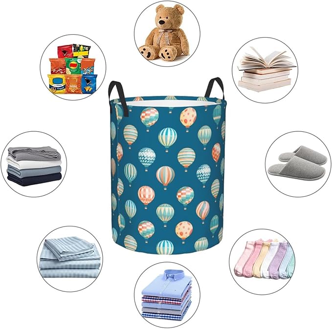 Cute Hot Air Balloons Round Laundry Hamper Storage Basket Toys Clothes Organizer Bin For Home Bathroom Bedroom Dorm Nursery, 38l