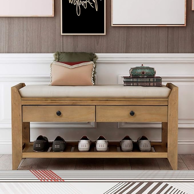 Harper & Bright Designs TREXM Shoe Rack with Cushioned Seat and Drawers, Multipurpose Entryway Storage Bench (Old Pine)