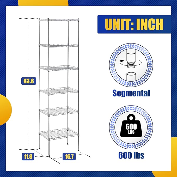 5-Tier Storage Shelves, Wire Metal Shelving Unit with Adjustable Shelves, 750 lbs Capacity, Heavy Duty Storage Rack for Kitchen, Pantry, Garage, Bathroom, Office Organization, 16.7" L×11.8" W×47.6" H