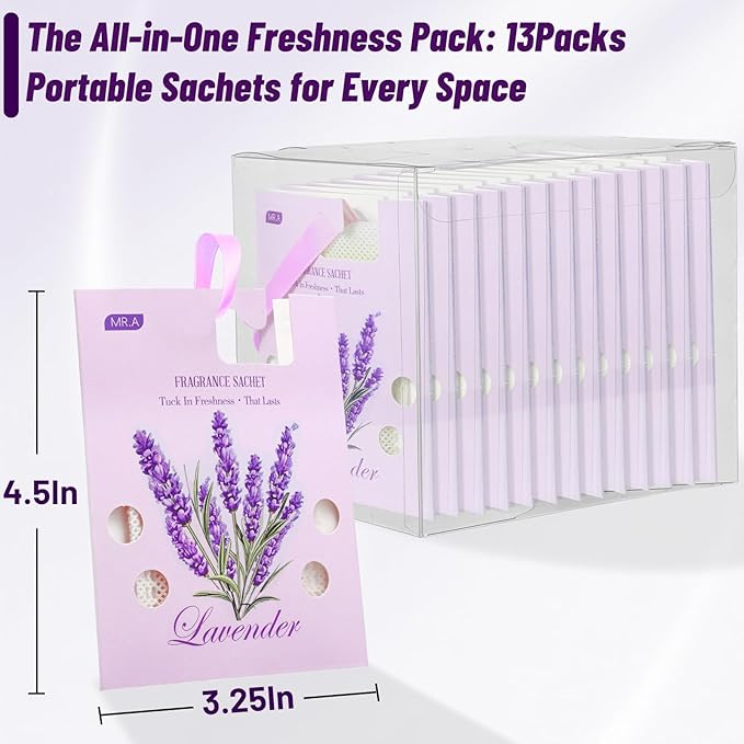 13Packs Lavender Scented Sachets, Fragrance Sachet Bags for Drawers and Closets, Air Fresheners for Car and Home, Closet Deodorizer Scented Drawer Fresheners for Dresser with Hanger Hooks