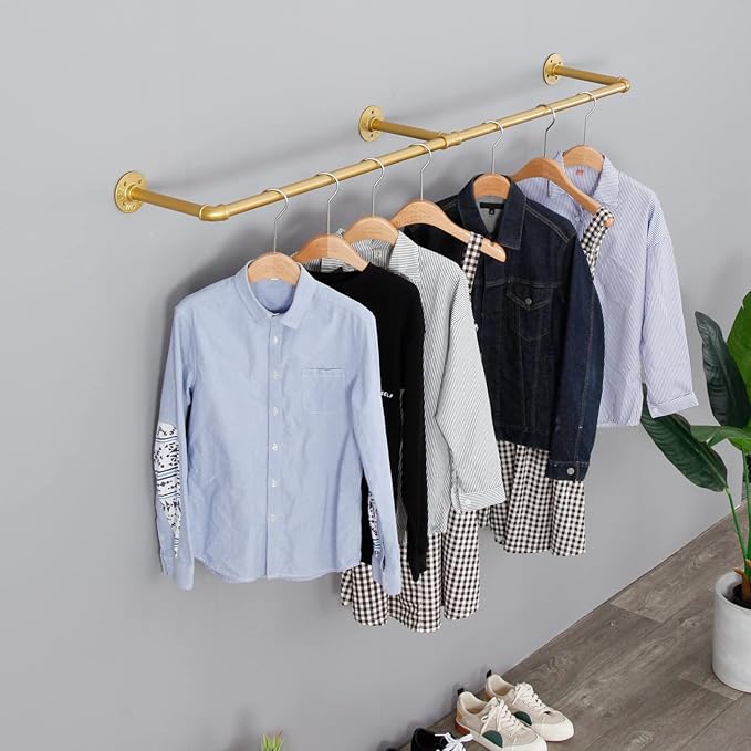 Industrial Pipe Clothing Rack Wall Mounted,Vintage Retail Garment Rack Display Rack Cloths Rack,Metal Commercial Clothes Racks for Hanging Clothes,Iron Clothing Rod Laundry Room (Gold, 59in)