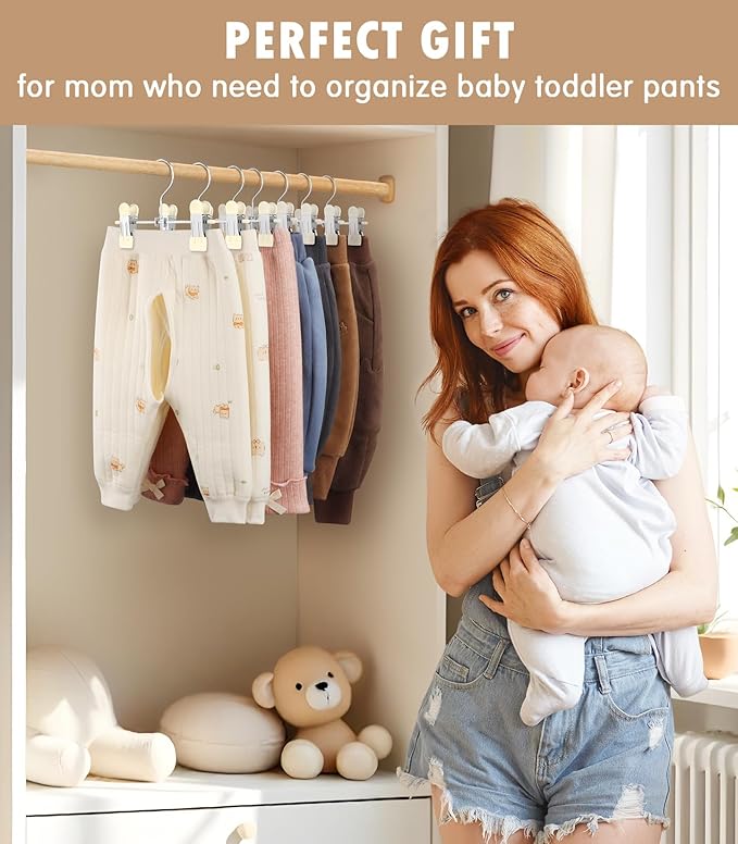 DOIOWN 10 Pack Baby Pants Hangers with Clips, Toddler Non-Slip Space Saving Hangers for Pants, Skirts, Clothes - Baby Essentials Closet Organizer
