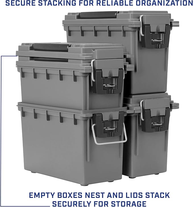 Sheffield 12628 Ammo Storage Box, Stackable .30 Cal Field Boxes, Water and Dust Resistant, Lockable Storage Box with Handle, Secures Hunting Gear, Supplies, and Bullets, Made in USA, Gray, 1-Pack