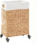 Rolling Laundry Hamper with Wheels, Slim Laundry Basket with Removable Liner Bag & 2 Mesh Bags, Handwoven Water Hyacinth Clothes Hamper for Bedroom Bathroom (Natural, 50L)