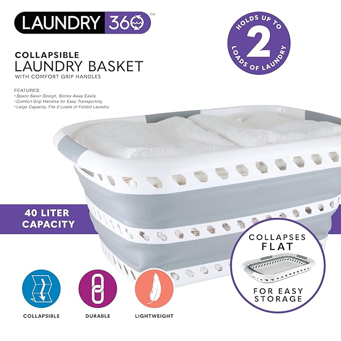 Collapsible Laundry Basket | Portable | Space Saver Storage | Hold 2 Loads | Store Under the Bed or Closet | Good for Kids | Dorm | Bedroom | Large | White/Grey