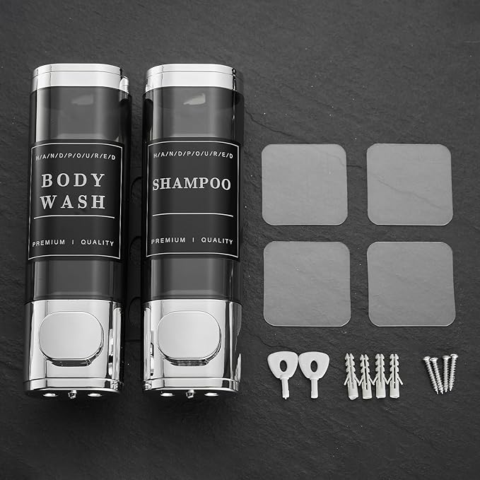 Shower Soap Dispenser 2 Chamber No Drill Wall-Mounted Shampoo Dispenser for Shower Wall Mounted Shower Dispenser for Bathroom Hotel Large Capacity,Chrome1