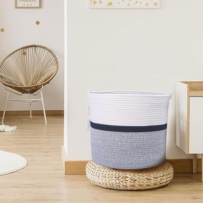 Cotton Rope Storage Bin,Natural Handmade Woven Hamper for Living Room,Blanket Basket for Clothes, Pillows, Towels (black, 55L)