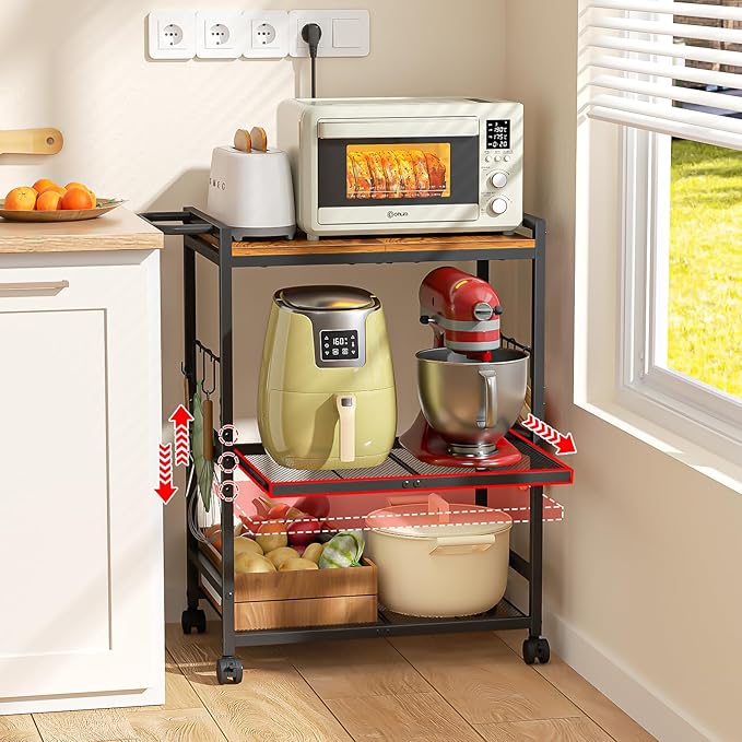 Kitchen Cart with Adjustable Shelves 3-Tier, Rolling Microwave Cart with Push Handle, Microwave Storage Stand with Drawer Slider Shelf, Utility Cart for Kitchen, Restaurant, Living Room, Office