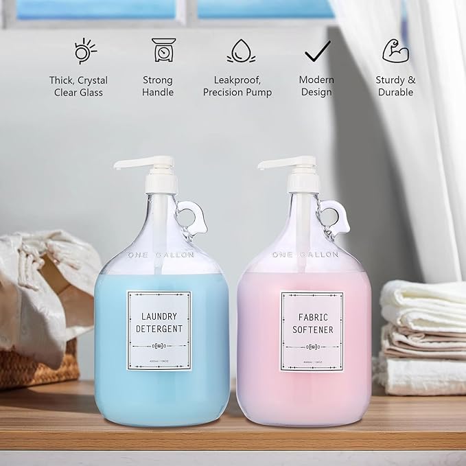 2pcs Glass Liquid Laundry Detergent Dispenser-1 Gallon Glass Pump Bottle Dispensers-Laundry Detergent Dispenser for Fabric Softener, Bleach, Shampoo, Body Wash- Laundry Soap Dispenser