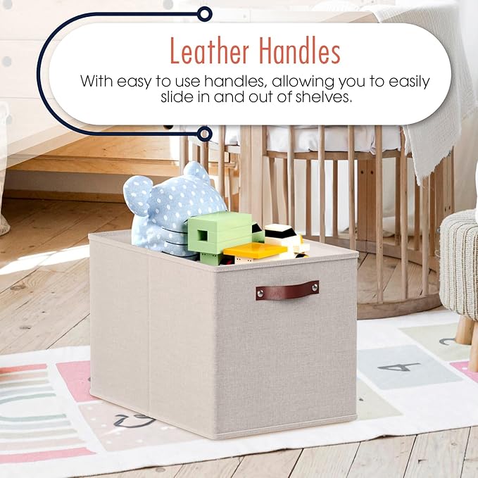 Ornavo Home 13 x 15 x 13 Kallax Storage Cube Bins, Foldable Collapsible Fabric Storage Bins Box Linen Shelf Basket Cube Organizer for Closet with Leather Handles, 6 Pack, Beige