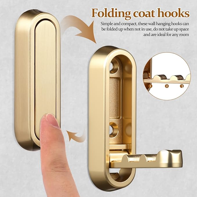 Gadpiparty Foldable Wall Hooks 2-Pack Space-Saving Hidden Coat Hangers for Hanging Clothes Bags Towels Keys with Mounting Accessories