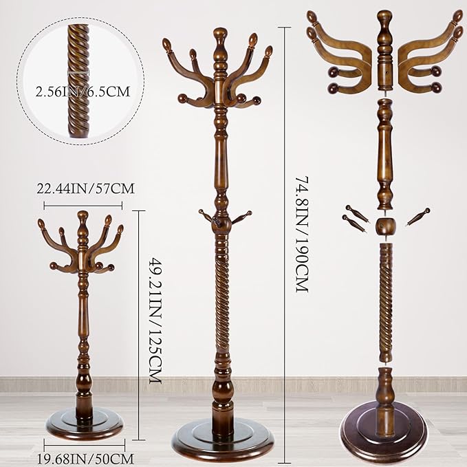 Wioao Coat Rack Stand, Solid Wooden Coat Tree with 11 Hooks, Heavy Duty Coat Rack Freestanding with Sturdy Round Base, Natural Birch Wood Coat Hanger Stand for Entryway Bedroom (brown circular)