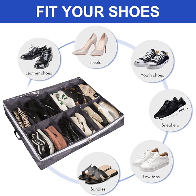 Surblue Under Bed Shoe Organizer Storage Bag with Transparent Skylight and Zippered,24 Pairs,Darkgray 2 PCS