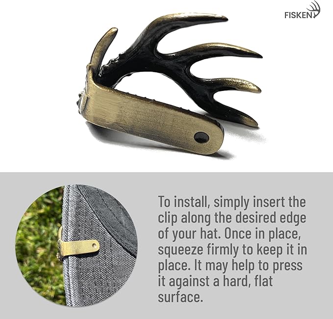 Fisken Hat Clip for Hunters - Brass Brim Clip, 10-Point Buck Antler Design - Squeeze On Any Hat - Durable & Stylish - Perfect Hunting Gift for Men & Women - USA Designed by Bow Hunter