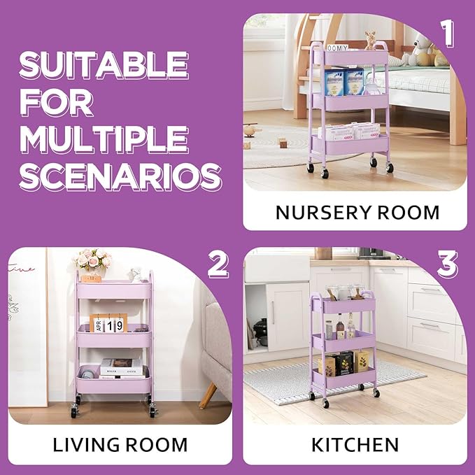 AGTEK 3 Tier Utility Rolling Cart with Lockable Wheels, Metal Multifunctional Storage, Organizer Cart for Kitchen, Office, Living Room, Makeup, Craft, Art Studio, Purple