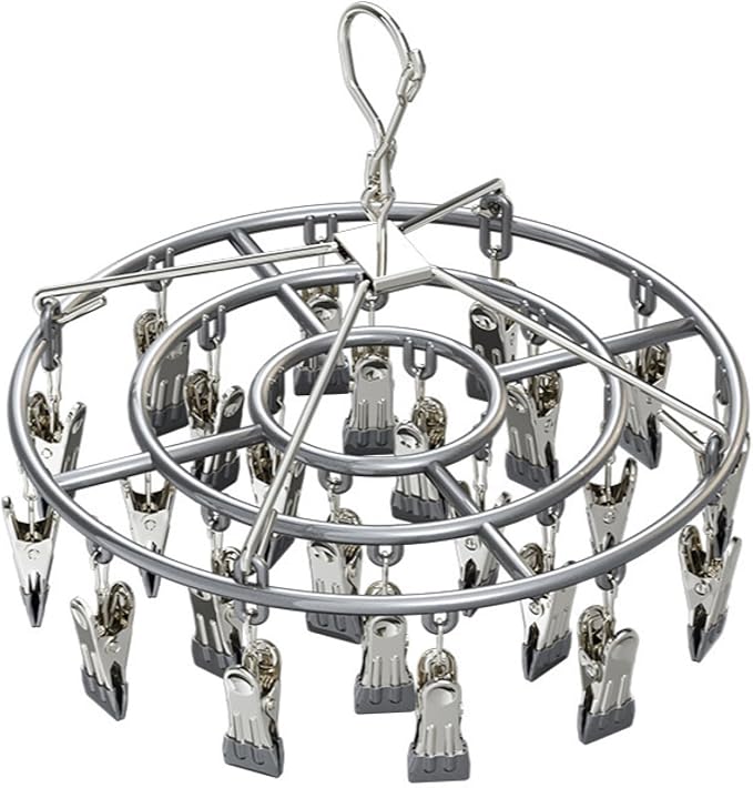 Drying Rack for Sock, Stainless Steel Sock Drying Rack with 24 Clips, Swivel Hook Windproof Hanger for Sock, Bras, Towel, Underwear, Laundry, Hat, Scarf, Pants, Gloves (Gray)