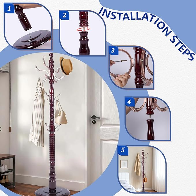 73" Wooden Freestanding Coat Rack，Easy to Adjust, Easy to Assemble for Children, Youth,Coat Rack Stand With Adults，18 Hooks and Round Solid Wood Base for Entrance Hallway Office Living Room (Metal)