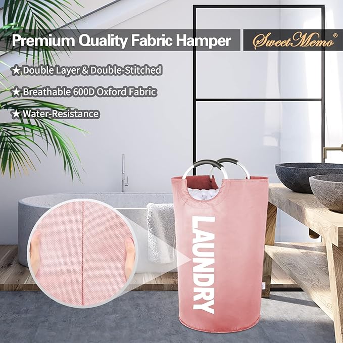 Large Laundry Basket Collapsible，Freestanding Clothes Hamper Bag with Handles – Tall Folding Dirty Laundry Bin，Sturdy Laundry Sorter for College Dorm，Laundry Room – 115L (Pink)