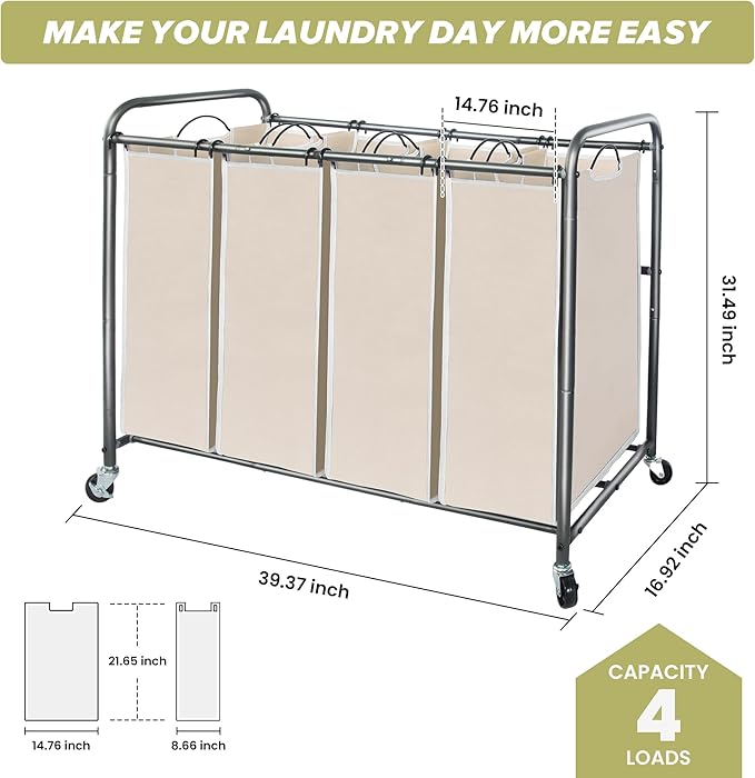 Laundry Sorter Hamper with Wheels, Heavy-Duty Laundry Sorter Rolling Cart, Lockable Wheels and Removable Bags, 4 Sections, Beige