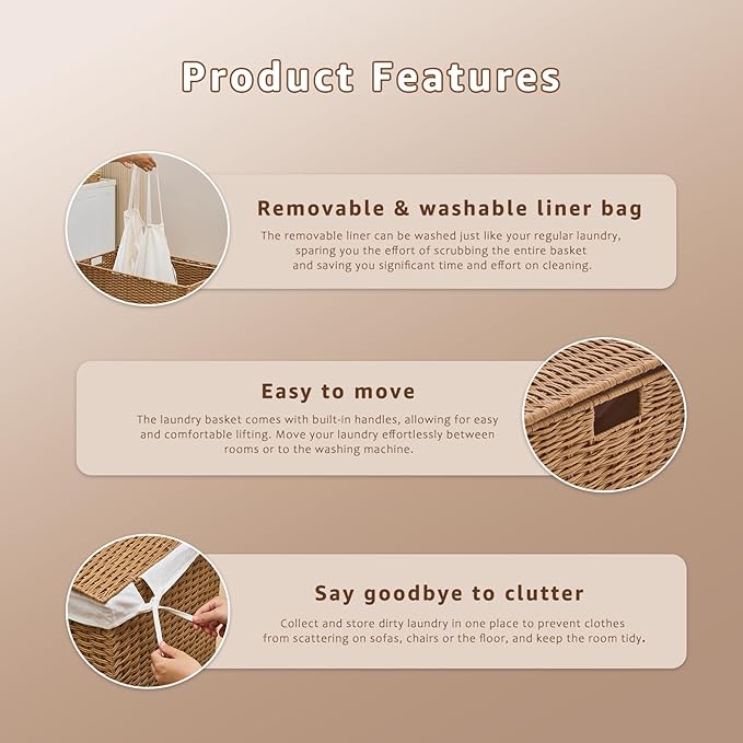 Handwoven Laundry Hamper with Lid, Natural Hyacinth Heightened Feet Laundry Basket, Wicker Clothes Hamper with Removable Liner Bag (Wicker, 90L)