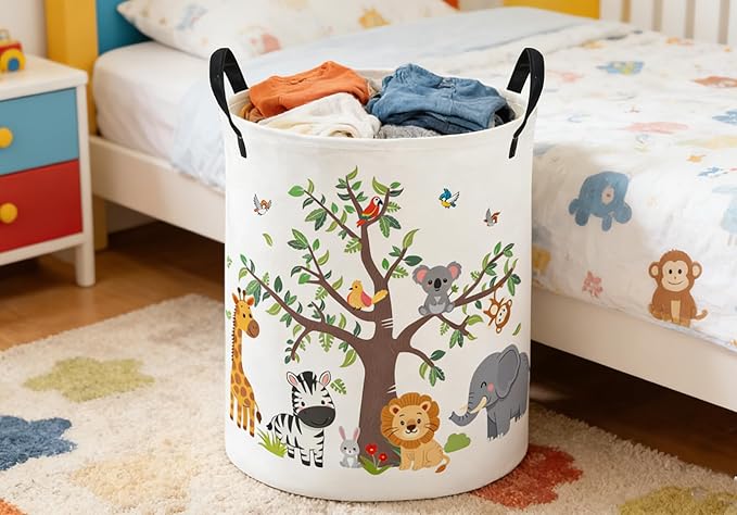 ESSME Kids Laundry Basket,Animal Hamper Collapsible Canvas Waterproof Storage Bin foBoys, Cute Hamper,Gift Baskets(Tree animal)