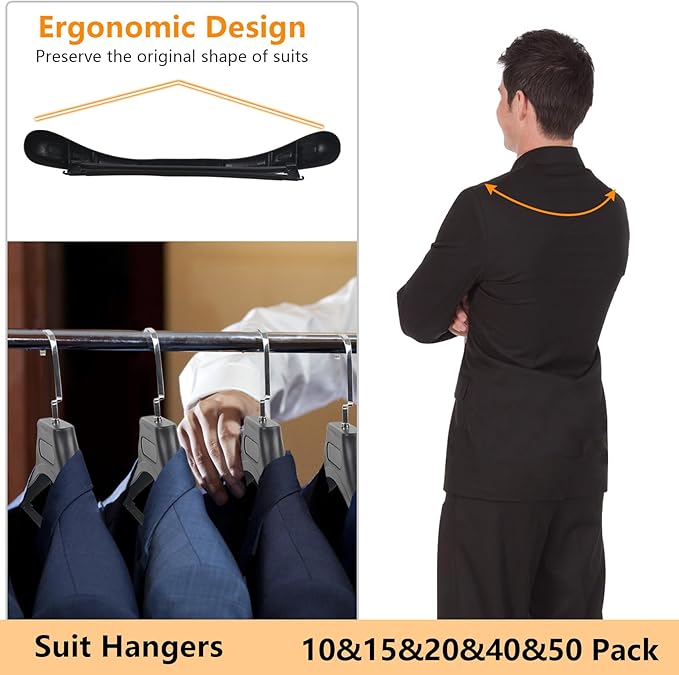 Plastic Extra Wide Suit Hangers, Pack of 15, Width: 17.7",Notched Shoulders & Metal Hooks, Black