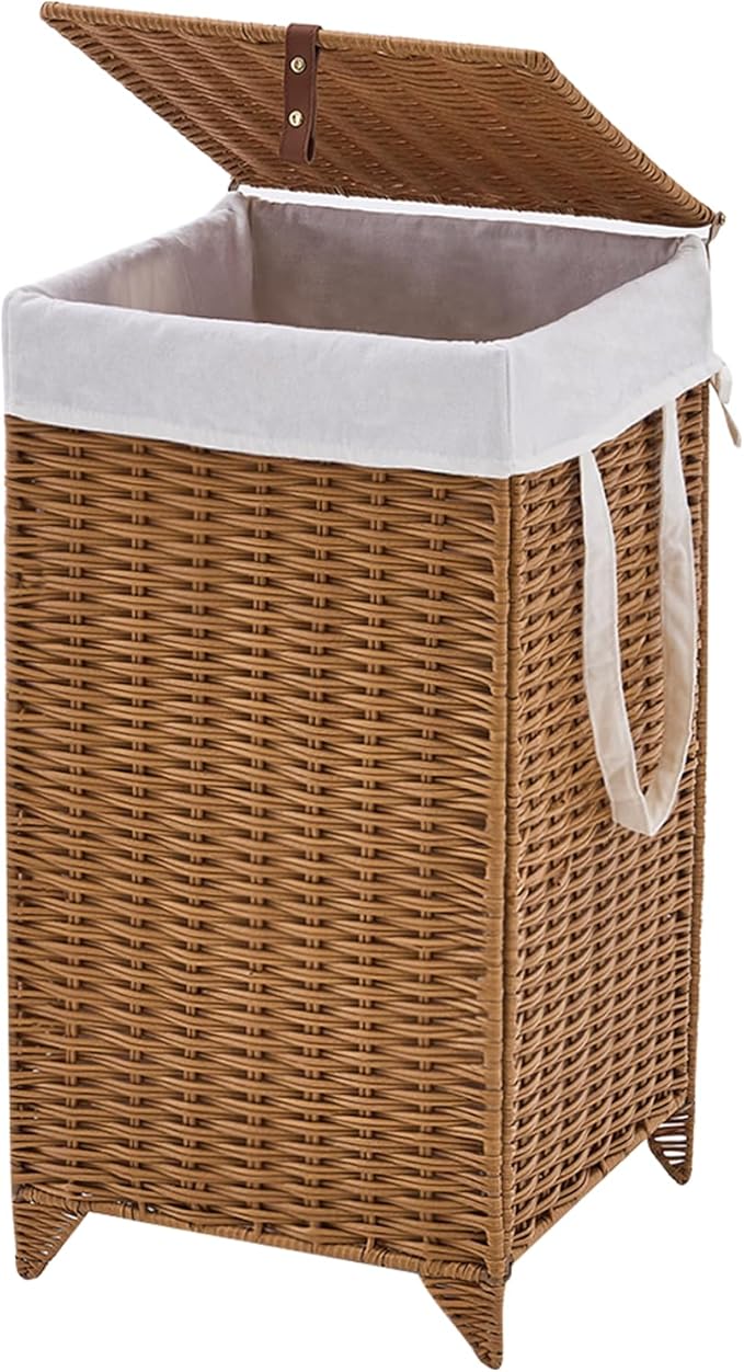 Handwoven Laundry Hamper with Lid, Natural Hyacinth Heightened Feet Laundry Basket, Wicker Clothes Hamper with Removable Liner Bag (Wicker, 65L)