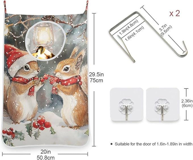 Christmas Squirrels Watercolor White Door Hanging Laundry Hamper Bag with Free Adjustable Stainless Steel Hooks Dirty Clothes Hamper Extra Large Over the Door Laundry Hamper 29.5X20inch 2Pack