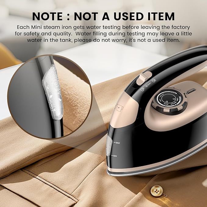 MIYOKO Mini Steam Iron for Clothes, 1000W Portable Small Iron, with Non-Stick Soleplate, 25G/Min High Speed Steams, 90ML Water Tank, 110-120V for Home Travel Sewing and Quilting, Black & Gold