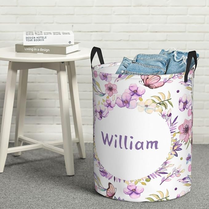 Beautiful Flowers Butterfly Customized Laundry Basket Clothes Hamper with Name Collapsible Waterproof Large Capacity Organizer Storage for Living Room.