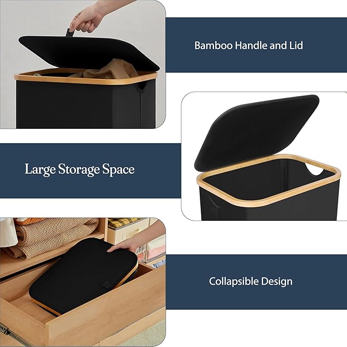 Fine Living 100L Large Laundry Hamper with Lid, Narrow Foldable Slim Laundry Basket with Bamboo Handles, Skinny Tall Dirty Clothes Hamper for Dorm, Bathroom & Bedroom, Black