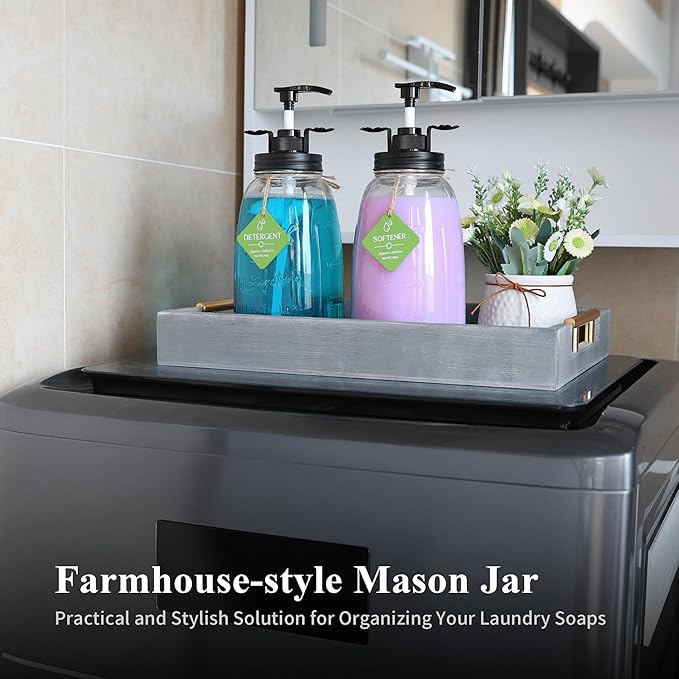 Glass Laundry Detergent Container - Besuerte Large Capacity Liquid Laundry Detergent Dispenser with Refillable & Reusable 2x50oz Mason Jars and Save Effort Pump Aid Handle, Black Cap