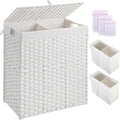 Greenstell Laundry Hamper with lid, No Install Needed, 110L Wicker Laundry Baskets Foldable 2 Removable Liner Bags, 2 Section Clothes Hamper Handwoven Rattan Laundry Basket with Handles, White