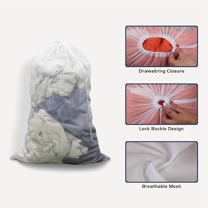 2 Pack Large Mesh Laundry Bag, 27×36inch White Laundry Hamper Liner, Heavy Duty Mesh Laundry Bags Drawstring Lockable, Machine Washable, for Ball Storage, Travel, Toys, Sports Factories, Dorms