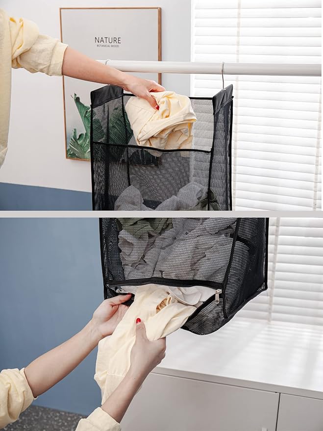 Jelier Hanging Breathable Mesh Laundry Hamper Basket,Portable Heavy Duty Hanging Laundry Bag with Two Hangers (black)