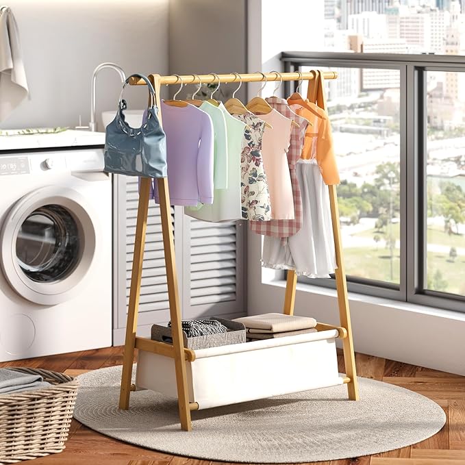 Dress Up Rack - Clothing Rack with Storage Box, Dress Up Storage, Small Foldable Bamboo Garment Stand with Hanging Rods, Dress Up Holder