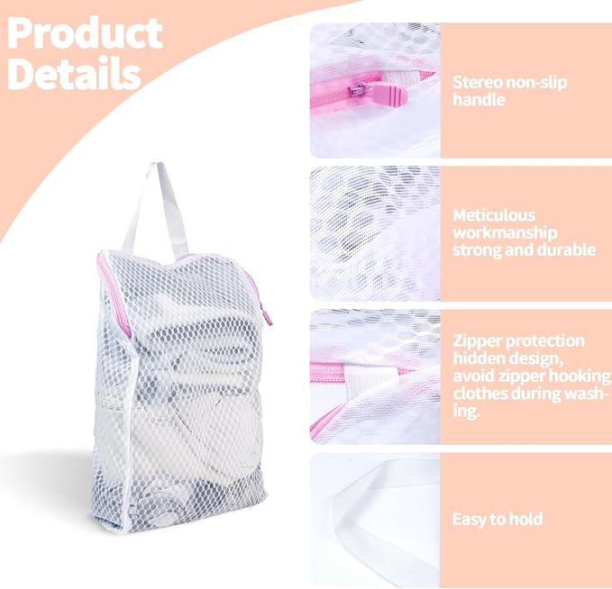2 PCS Honeycomb Mesh Laundry Bag with Handle, 13.3 x 7.8 Inch Zippered Mesh Laundry Bag, Extra Large Opening, Side Widening, for Washing Socks, Baby Items, Lingerie, Travel Garments (Pink and Blue)