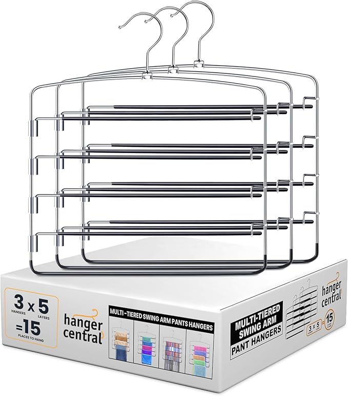 Hanger Central 3 Pack Space Saving Swing Arm Pants Hangers – 5 Tier Stainless Steel Multi-Layer Closet Organizer for Jeans, Slacks, Trousers, Skirts – Non Slip Hangers for Clothes, Black