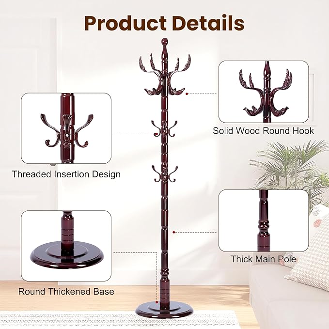 Freestanding Coat Rack with 14 Hooks, Sturdy Wooden Hall Tree for Entryway, Heavy-Duty Disc Base,for Hanging Hats, Jackets, Bags, Easy Assembly for Bedroom, Hallway, Office