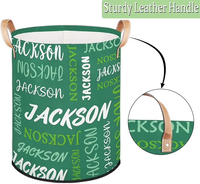 Custom Name Large Laundry-Basket for Kids-Boys-Girls, Personalized Foldable Waterproof Laundry Hamper Dirty Clothes Toys Storage Bin with Handles,Green