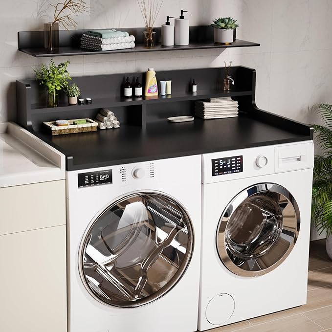 2-Tier Washer Dryer Countertop 54" x 27.55" Washer Dryer Topper for Laundry Room Organization, Large Countertop Cover with Non-Slip Pad Black