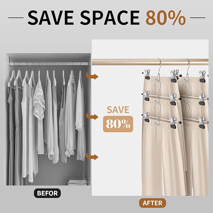 HUADYMEET 14Inch Pants Skirt Hangers Space Saving with Adjustable Wide Clips,Heavy Duty Stackable Non-Slip Metal Clothes Hanger for Men, Women, Jeans, Trousers, Shorts, Slacks,20 Pack（Black）