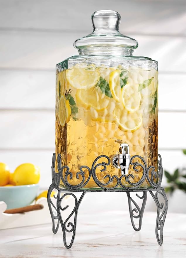 MosJos 2.5 Gallon Classic Hammered Glass Beverage Dispenser with Elegant Stand - Glass Drink Dispenser with 100% Leak Proof Spigot, Party Drink Dispensers for Lemonade, Punch, Water, Juice